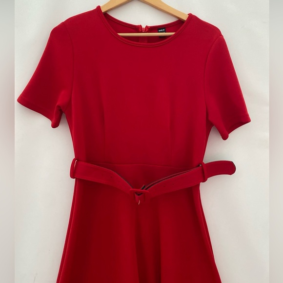 SHEIN Red Ponte Knit Fit & Flare Maxi Dress Belted Stretch Size L - Picture 2 of 4